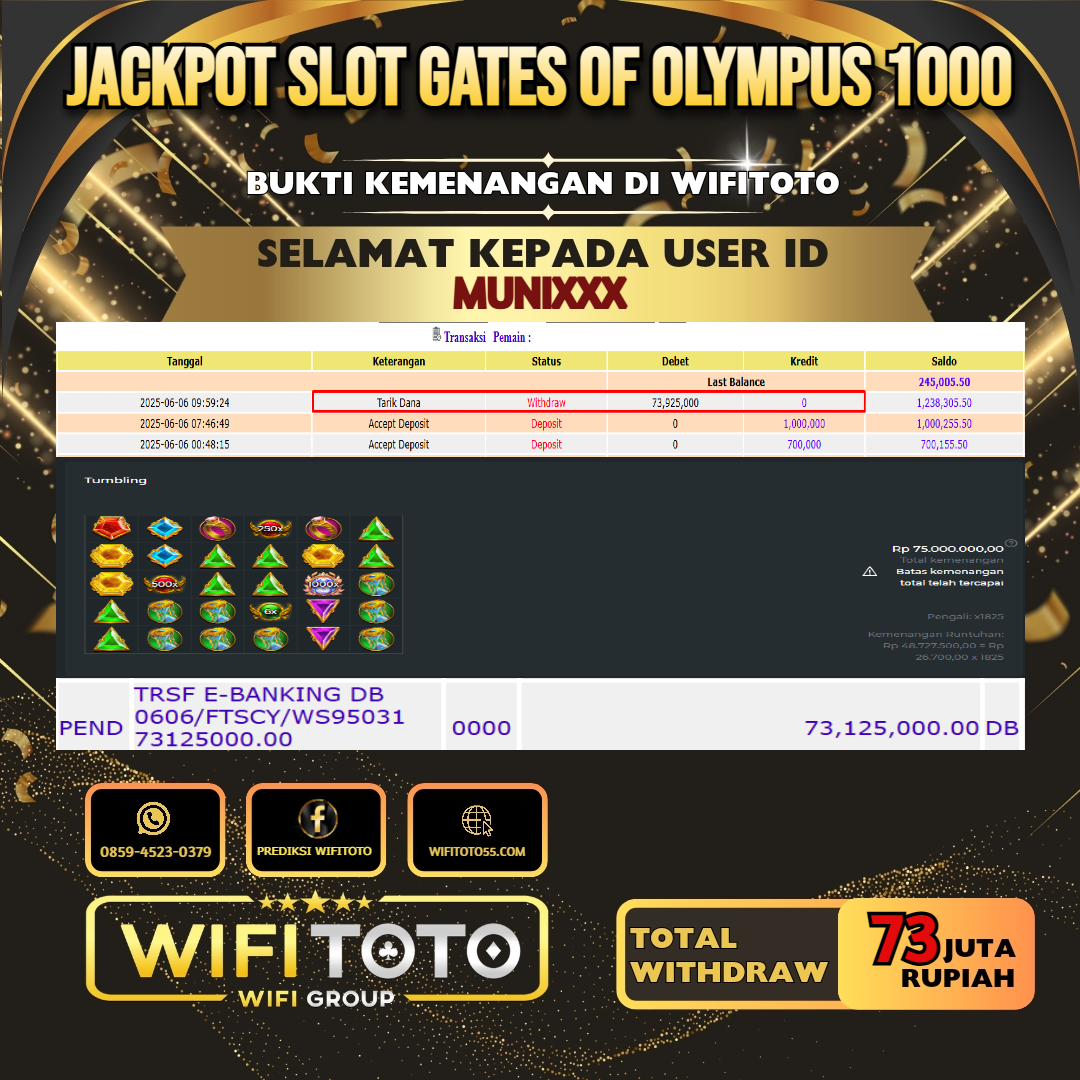 WIFITOTO JACKPOT SLOT GATES OF OLYMPUS 1000 RP.73.000.000.,-LUNAS USER ID : MUNI***