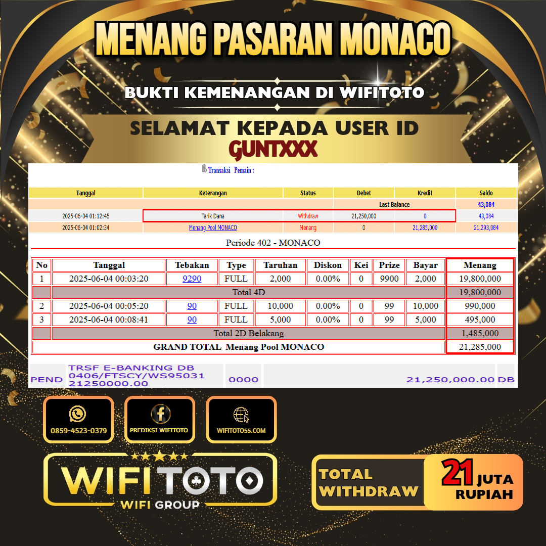 WIFITOTO JACKPOT TOGEL PASARAN MONACO RP.21.000.000.,-LUNAS USER ID : GUNT***