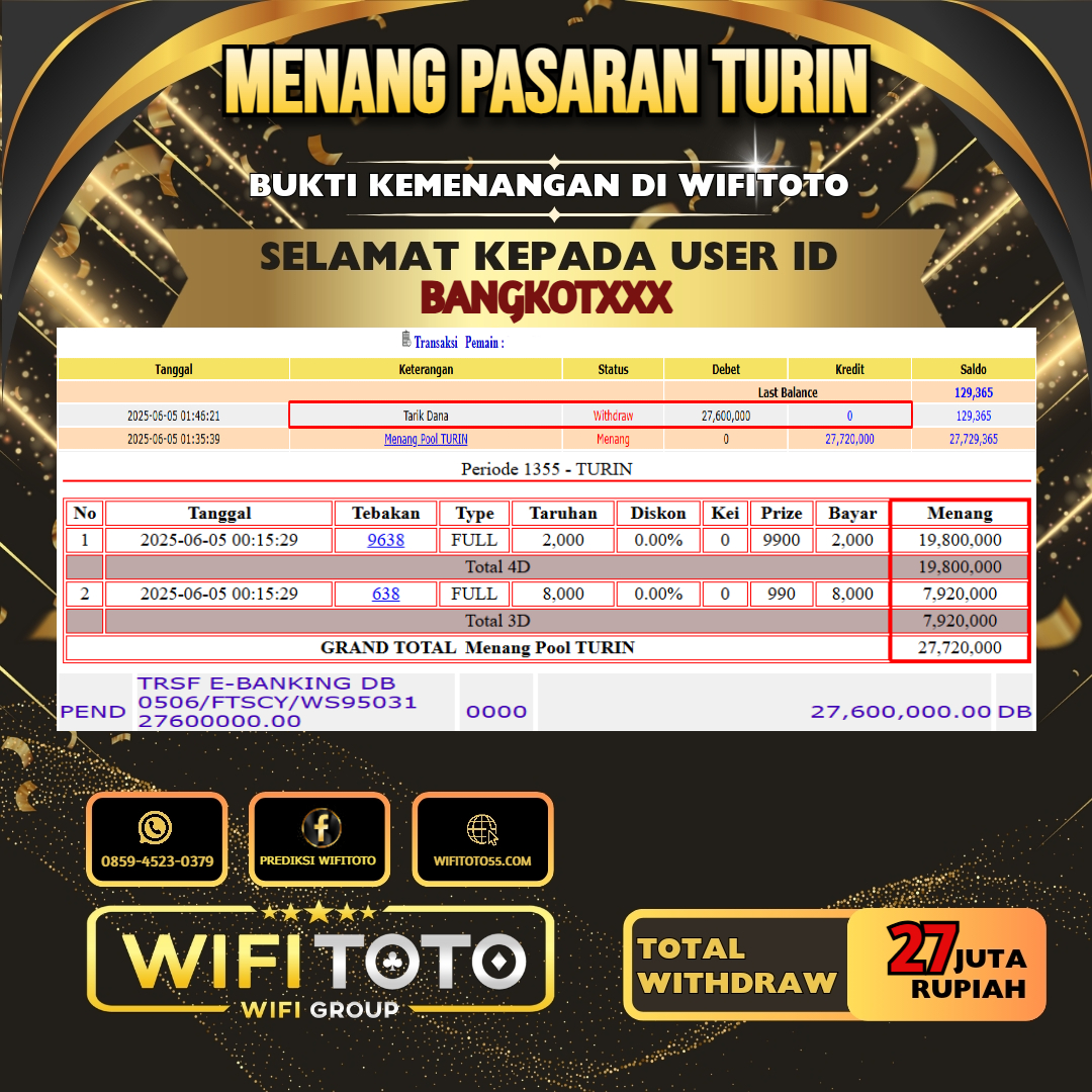 WIFITOTO JACKPOT TOGEL PASARAN TURIN RP.27.000.000.,-LUNAS USER ID : BANGKOT***