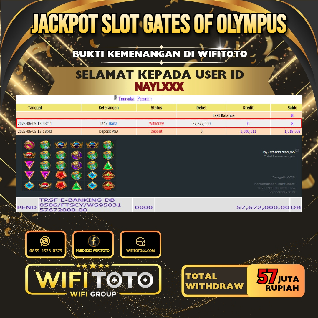 WIFITOTO JACKPOT SLOT GATES OF OLYMPUS RP.57.000.000.,-LUNAS USER ID : NAYL***