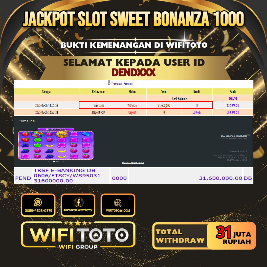 WIFITOTO JACKPOT SLOT SWEET BONANZA 1000 RP.31.000.000.,-LUNAS USER ID : DEND***